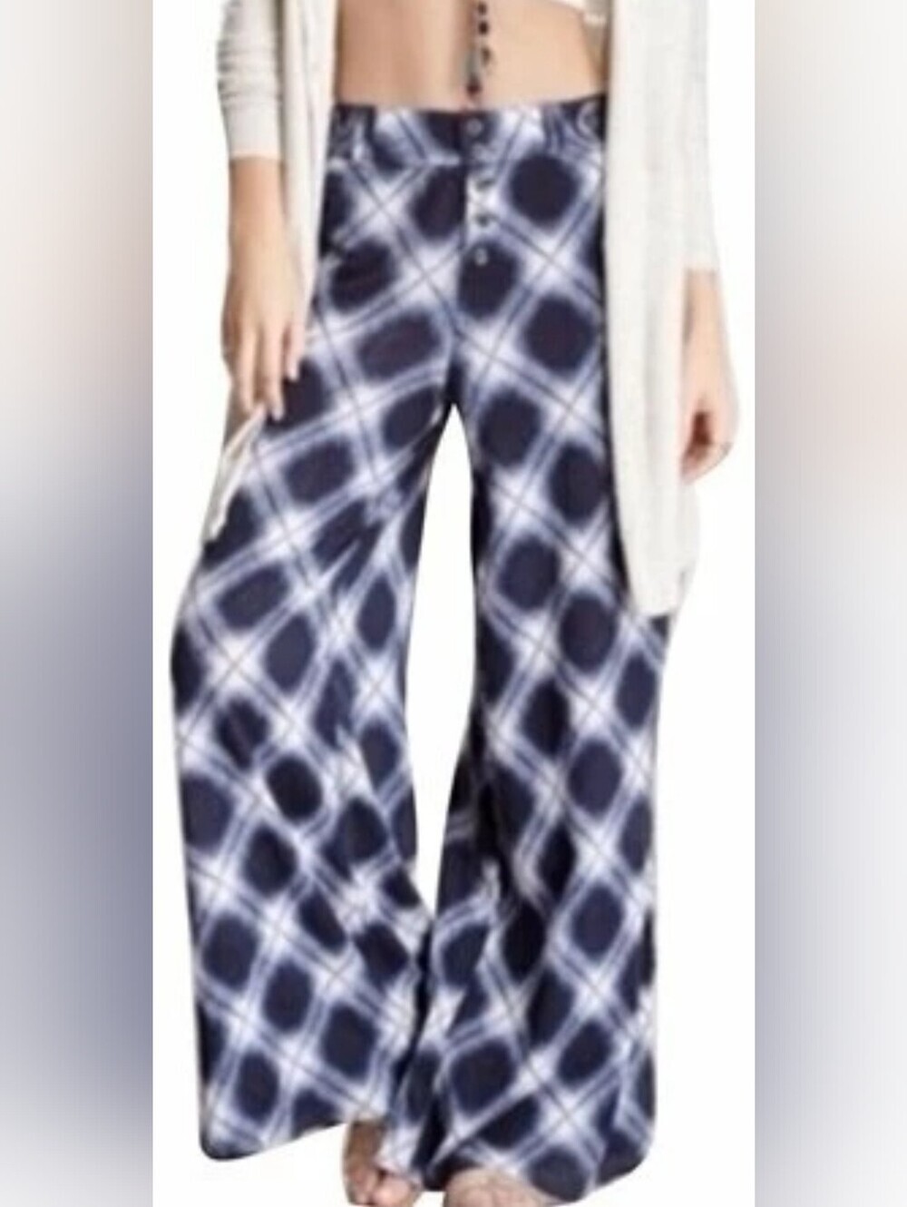 Free People Navy And White Diamond Pattern Wide Leg Pant
